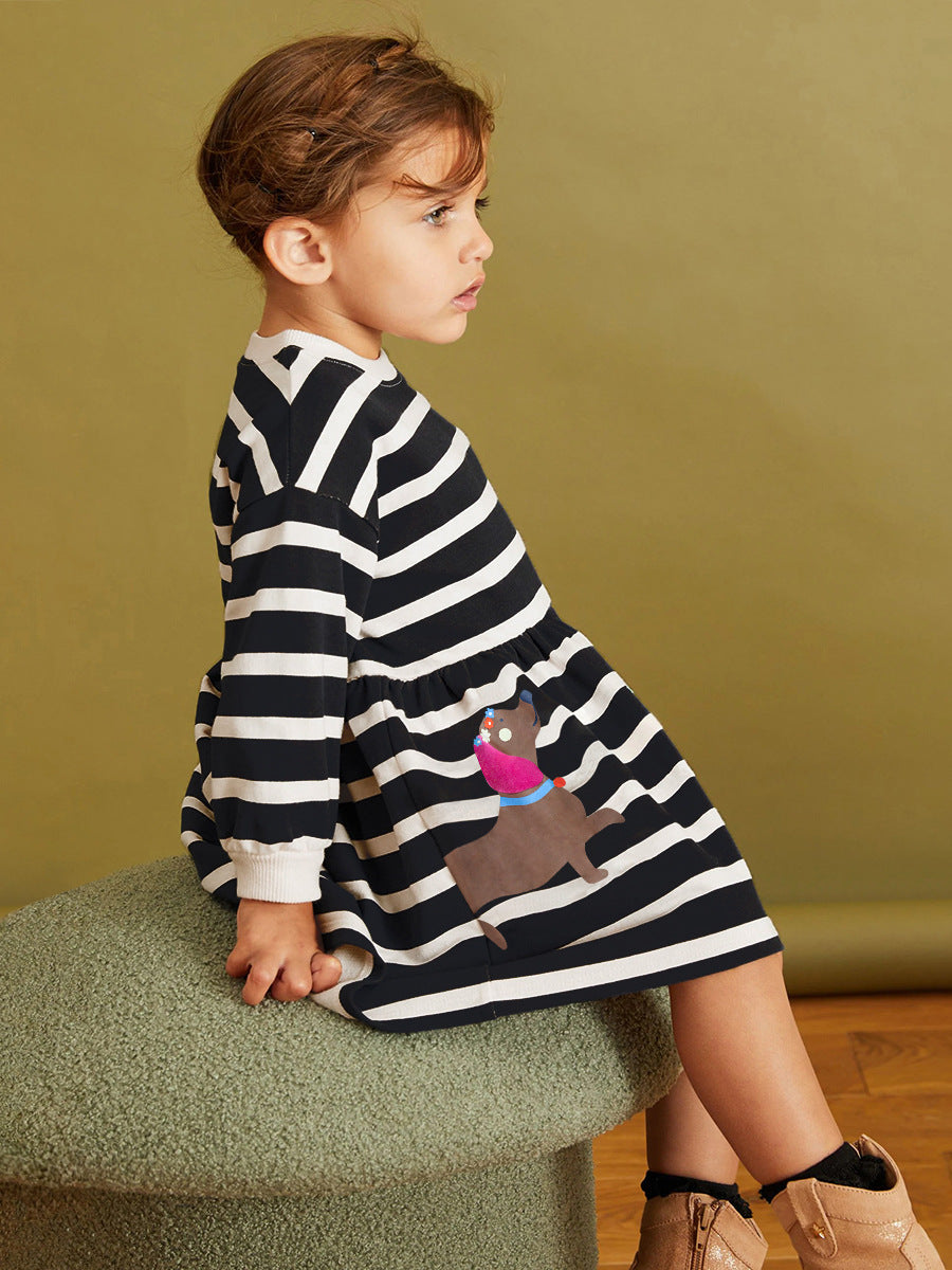 Arrival Autumn Girls Cartoon Dachshund Dog Pattern Crew Neck Long Sleeves Striped Dress-4
