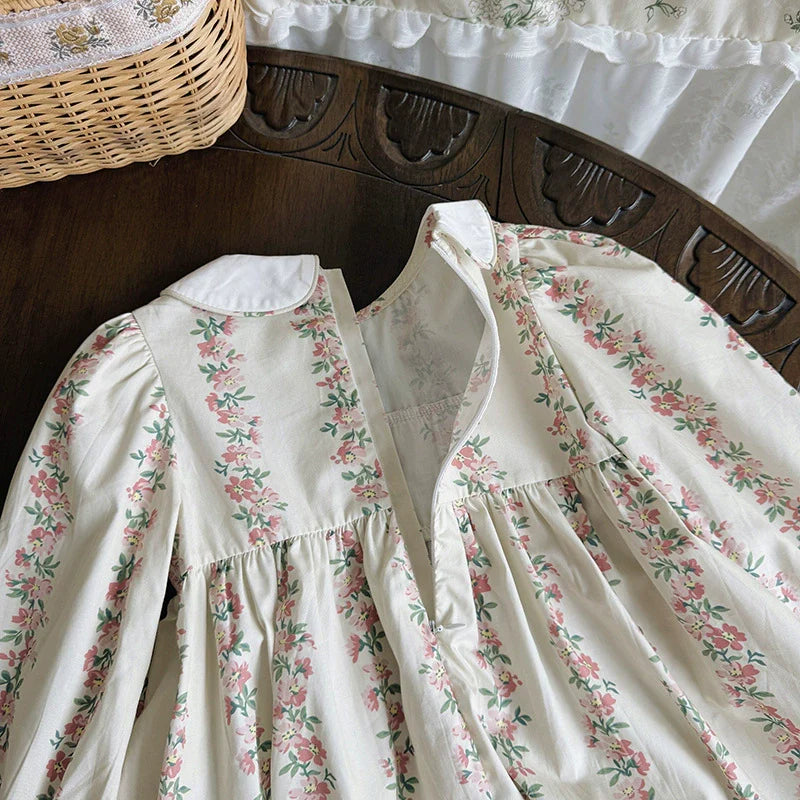 Arrival Autumn Girls Floral and Striped Pattern Long Sleeves Dress-3