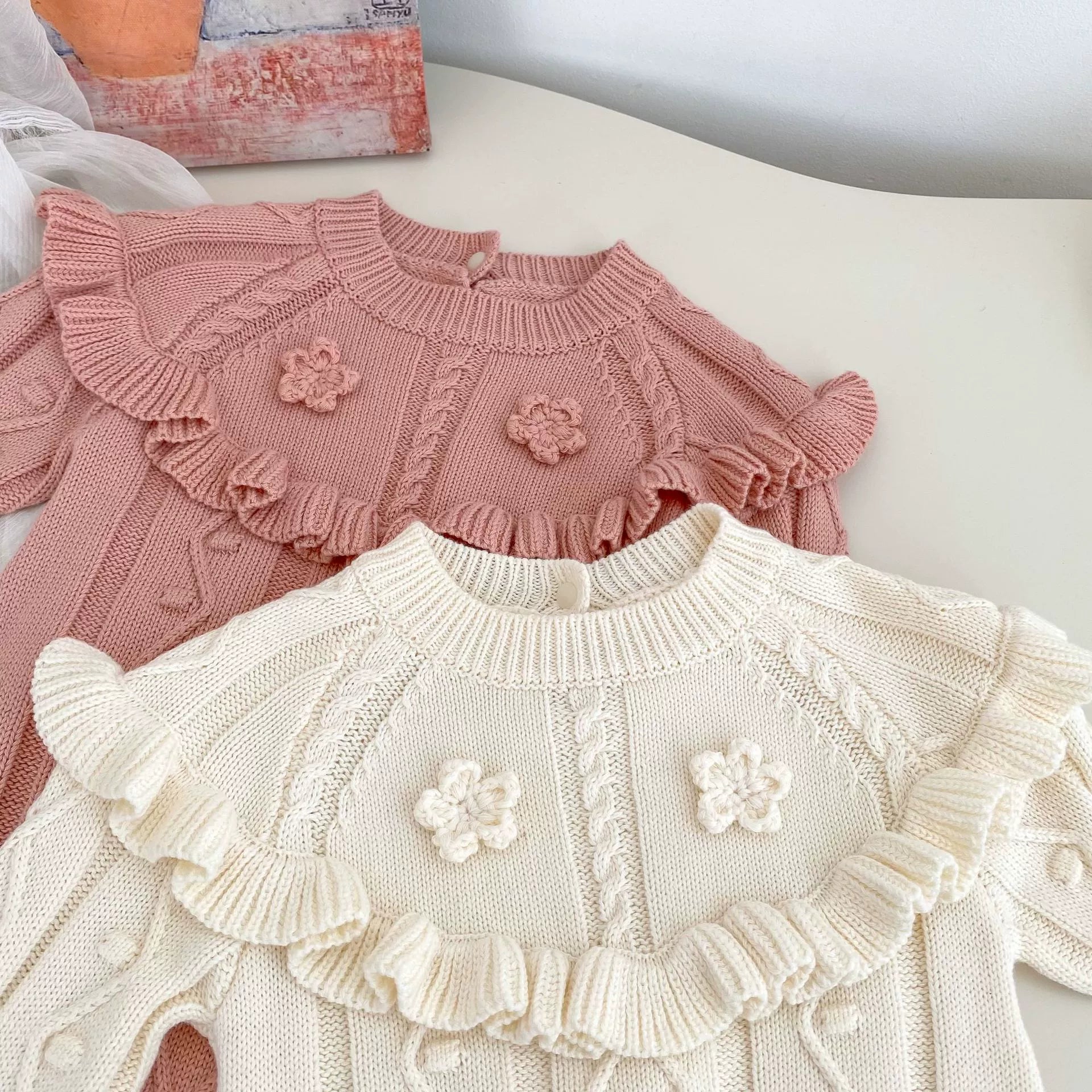 Autumn Arrival Baby Girls Knitted Long Sleeves Geometric Jacquard Pattern Onesies-4