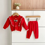 Arrival Autumn Baby Girls Long Sleeves Color Patchwork Jacquard Pattern Knitted Top Cardigan and Long Trousers Clothing Set-1