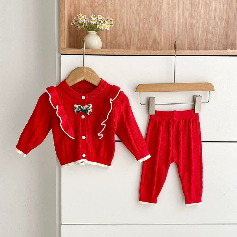Arrival Autumn Baby Girls Long Sleeves Color Patchwork Jacquard Pattern Knitted Top Cardigan and Long Trousers Clothing Set-1