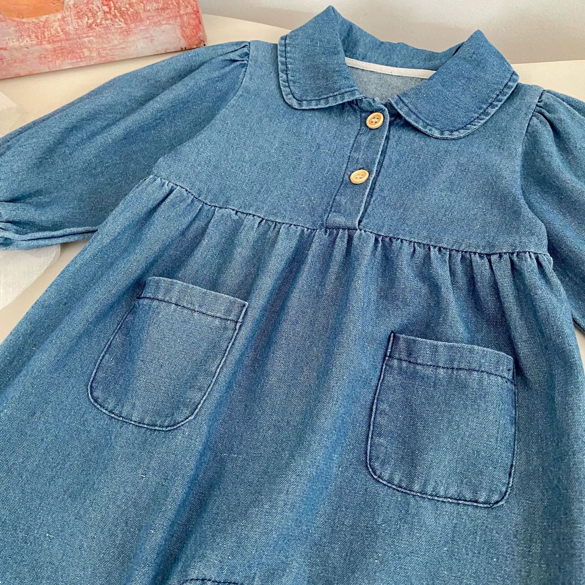 Autumn and Spring Arrival Baby Casual Pocketed Denim Rompers with Turn-down Collar-2