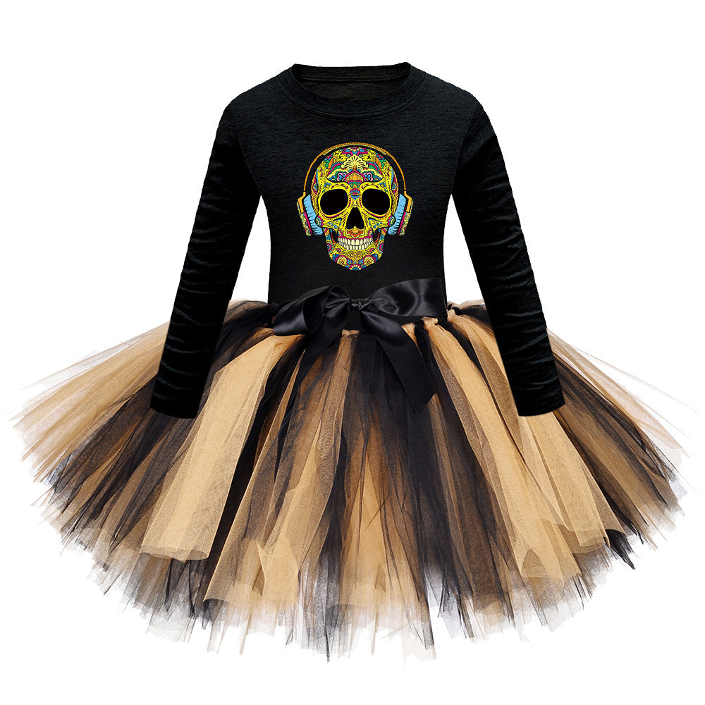 Arrival Girls’ Halloween Costume: Long Sleeves Cartoon Print Witches Cosplay Party Tulle Patchwork Dress-3