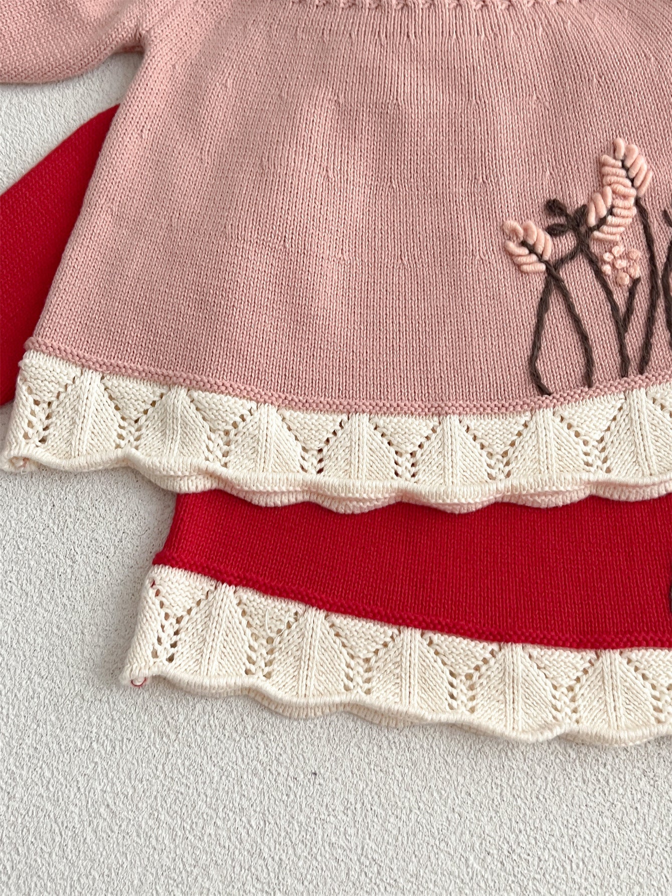 Autumn Arrival Baby Kids Girls Comfortable Hollow-out Design Knitted Long Sleeves Top with Flowers Embroidery Pattern and Collar-3