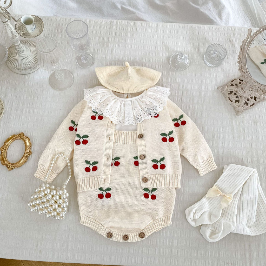 Arrival Autumn Baby Unisex Long Sleeves Cherry Jacquard Pattern Strap Onesies and Crew Neck Cardigan – Matching Set-3