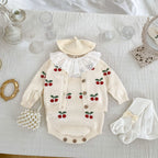 Arrival Autumn Baby Unisex Long Sleeves Cherry Jacquard Pattern Strap Onesies and Crew Neck Cardigan – Matching Set-3
