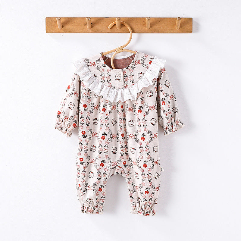 Autumn and Spring Arrival Baby Girls Simple Floral Pattern Long Sleeves Rompers-2