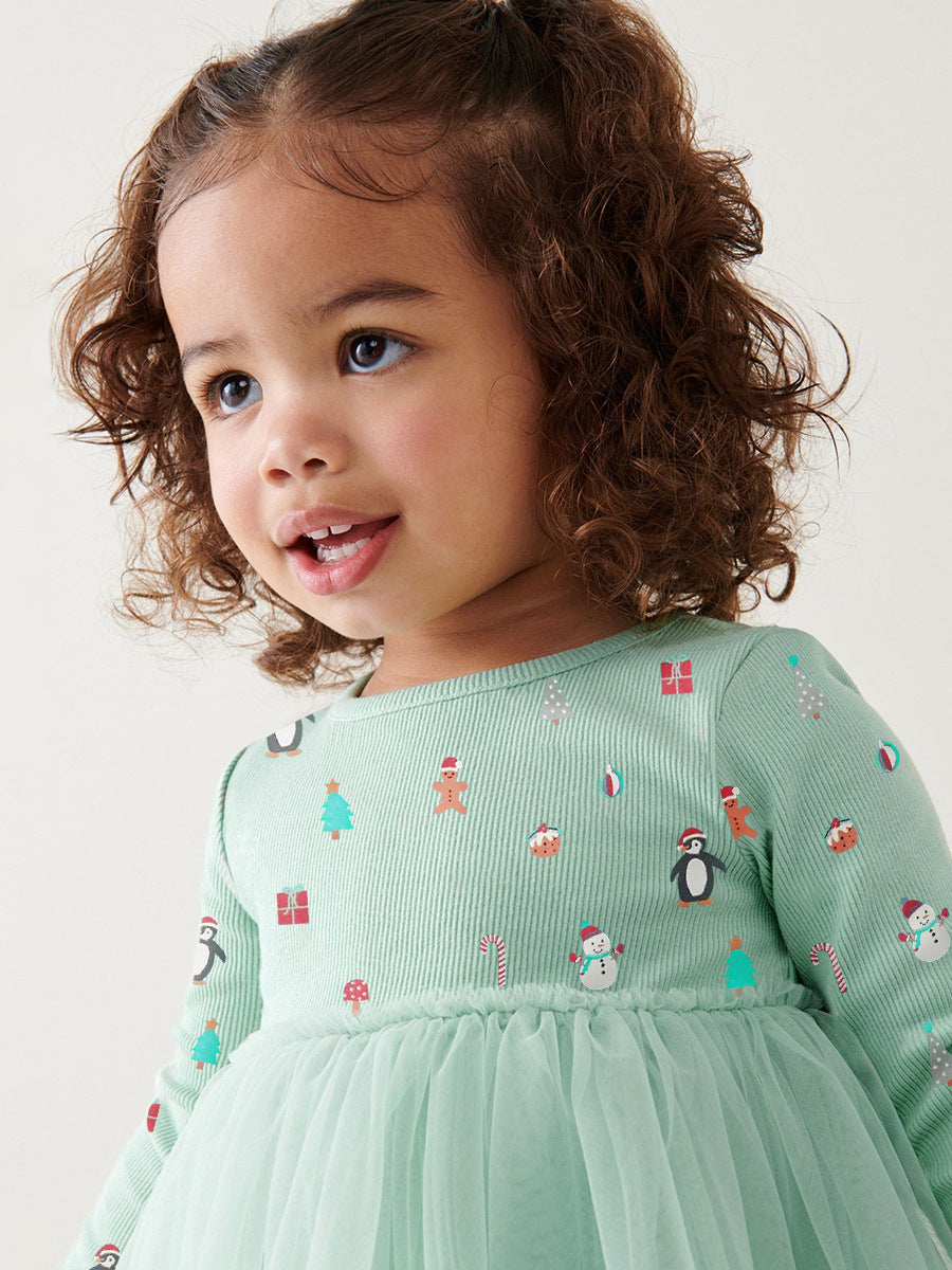 Arrival Autumn Girls Cartoon Christmas Print Crew Neck Long Sleeves Tulle Patchwork Princess Dress-4