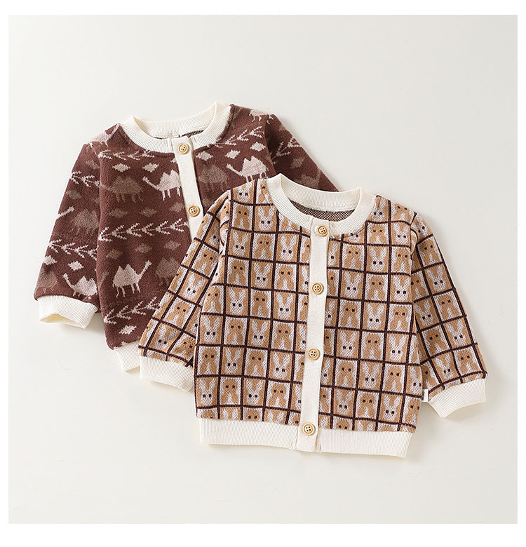 Autumn Arrival Baby Kids Unisex Comfortable Animals and Geometric Pattern Knitted Long Sleeves Cardigan-0
