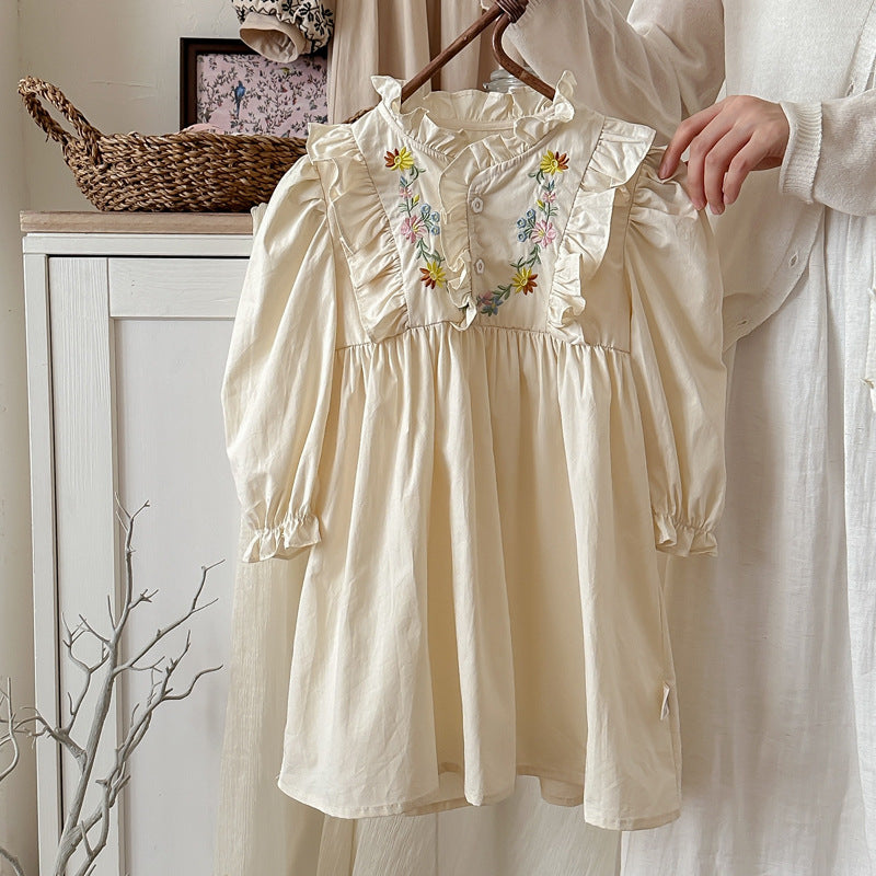 Arrival Autumn Girls Simple Ruffle Neck Long Sleeves Vine and Flowers Pattern Dress-3