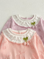 Autumn Arrival Baby Girls Cheery Hollow-out Pattern Long Sleeves Onesies with Collar-4
