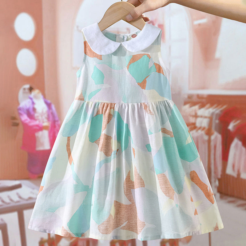 Arrival Summer Girls Sleeveless Peter Pan Collar Colorful Pattern Thin Dress-0