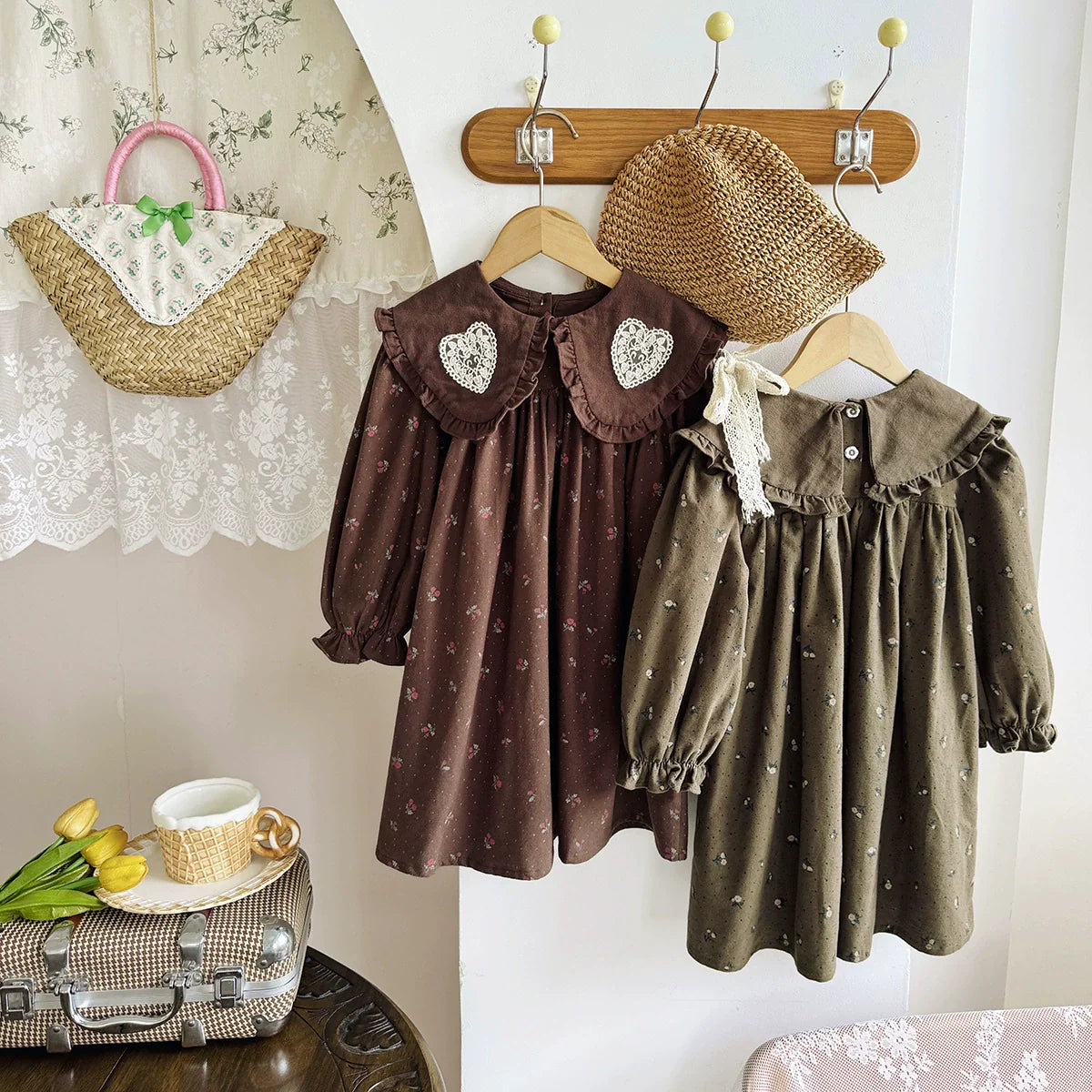 Arrival Autumn Girls Hearts Embroidery and Floral Printed Pattern Long Sleeves Dress-4