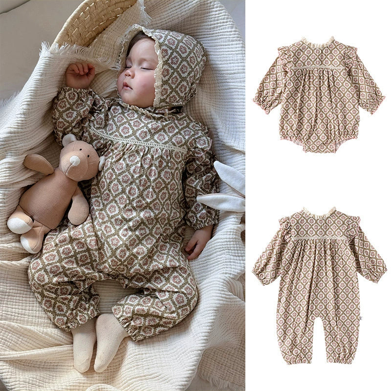 Autumn Arrival Baby Girls Long Sleeves Vintage Geometric and Flowers Pattern Rompers/Onesies-0