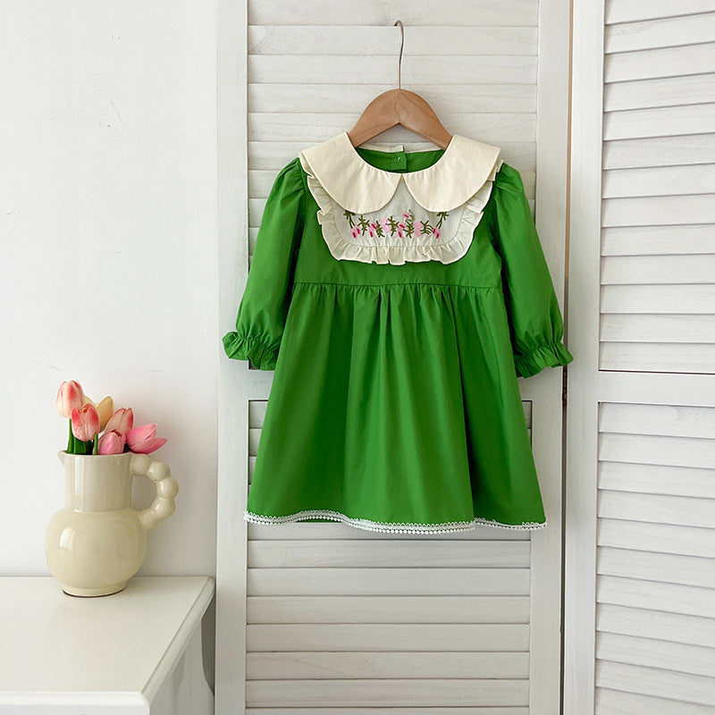 Arrival Autumn Baby Kids Girls Long Sleeves Peter Pan Collar Embroidery Flowers Pattern Onesies and Dress – Princess Sister Matching Set-4
