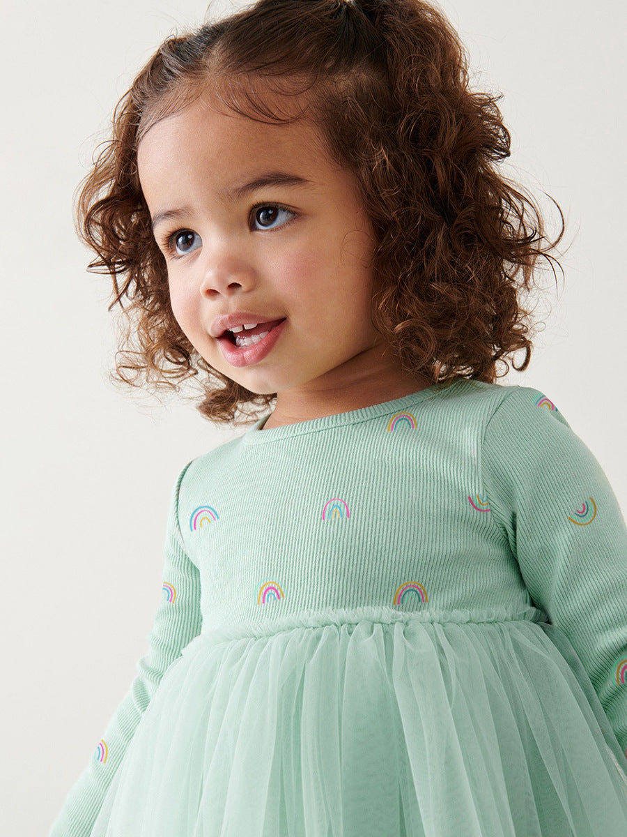Arrival Autumn Girls Rainbows Print Crew Neck Long Sleeves Tulle Patchwork Princess Dress-4
