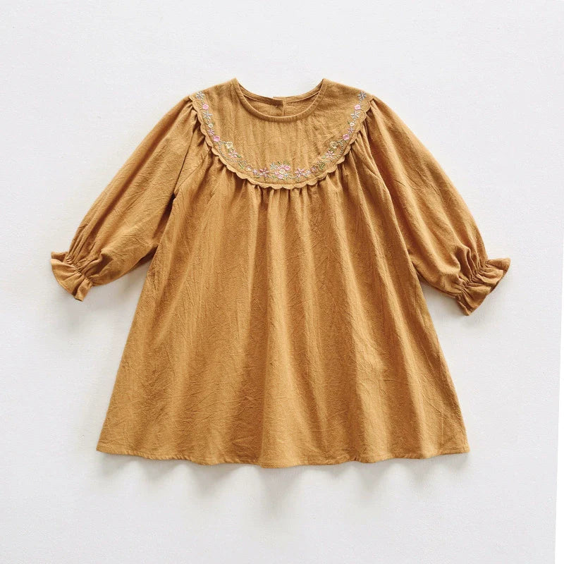 Arrival Autumn Girls Flowers Embroidery Pattern Long Sleeves Dress-2