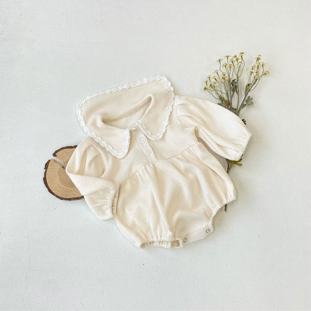 Arrival Baby Girls Long Sleeves Waffle Grid Onesie with Floral Collar-2