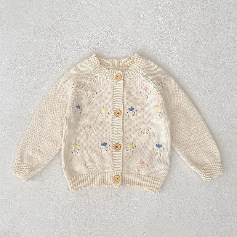 Autumn Arrival Baby Girls Comfortable Flowers Embroidery Pattern Knitted Long Sleeves Cardigan-2