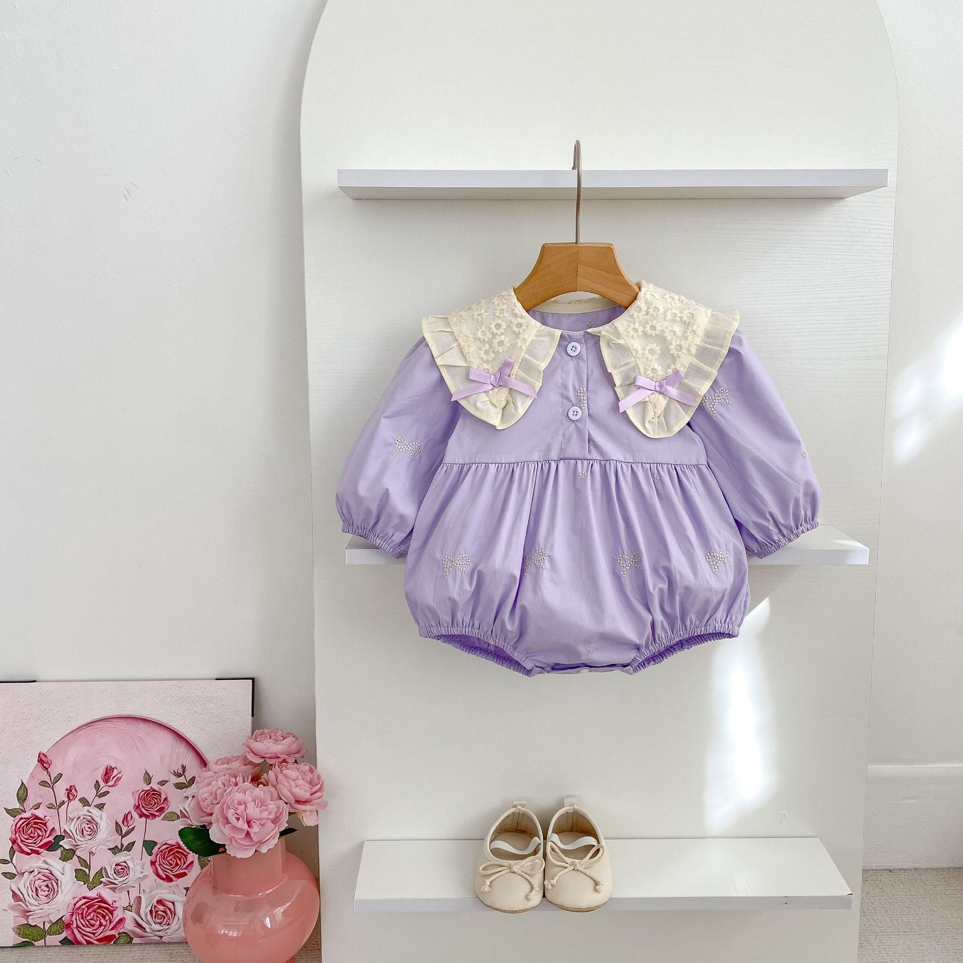 Arrival Spring Baby Kids Girls Long Sleeves Bows Embroidery Pattern Floral Collar Onesies and Dress – Princess Sister Matching Set-1