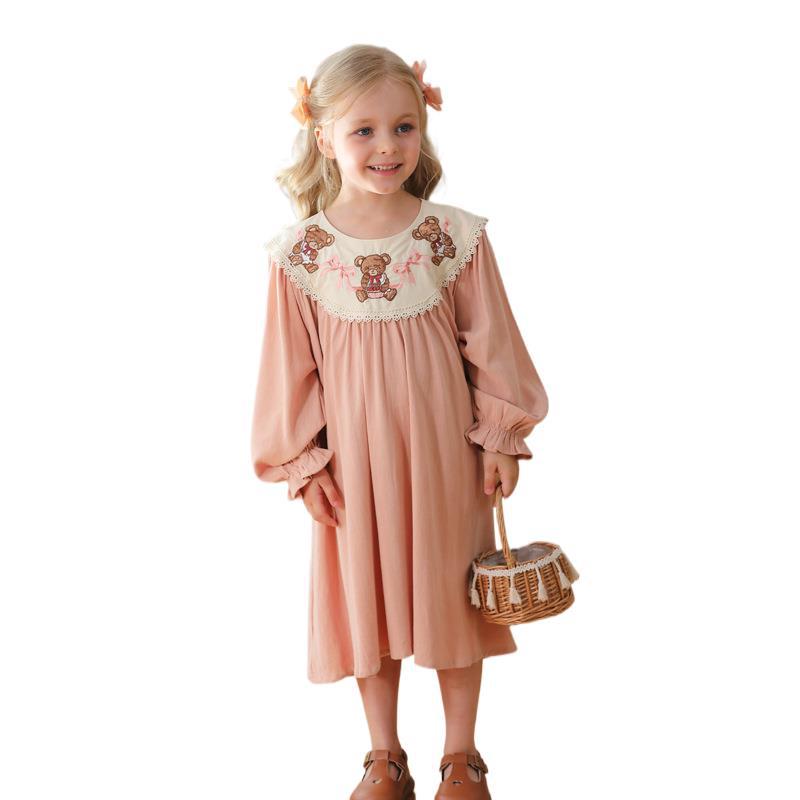 Arrival Autumn Girls Pink Long Sleeves Dress with Teddy Embroidery Collar-3