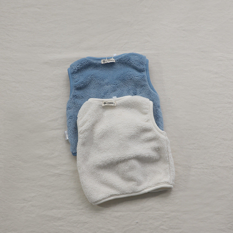 Baby Solid Color Plush Single Breasted Sleeveless Coat In Winter-3