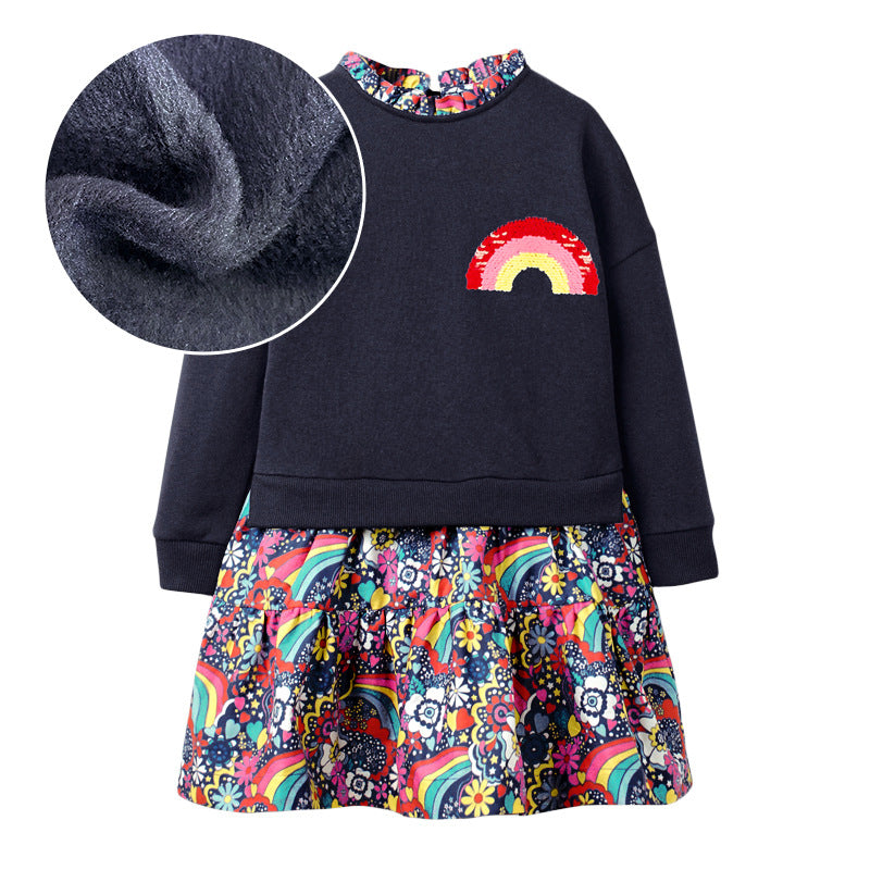 Arrival Autumn Girls Rainbow Embroidery Sweatshirt Patchwork Vivid Floral Dress-3