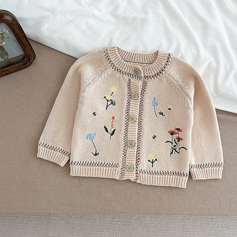 Arrival Baby Girls Comfortable Flowers Embroidery Pattern Knitted Long Sleeves Cardigan-2