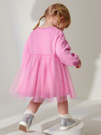 Arrival Autumn Girls Cartoon Rabbit Logo Crew Neck Long Sleeves Pink Tulle Patchwork Princess Dress-4