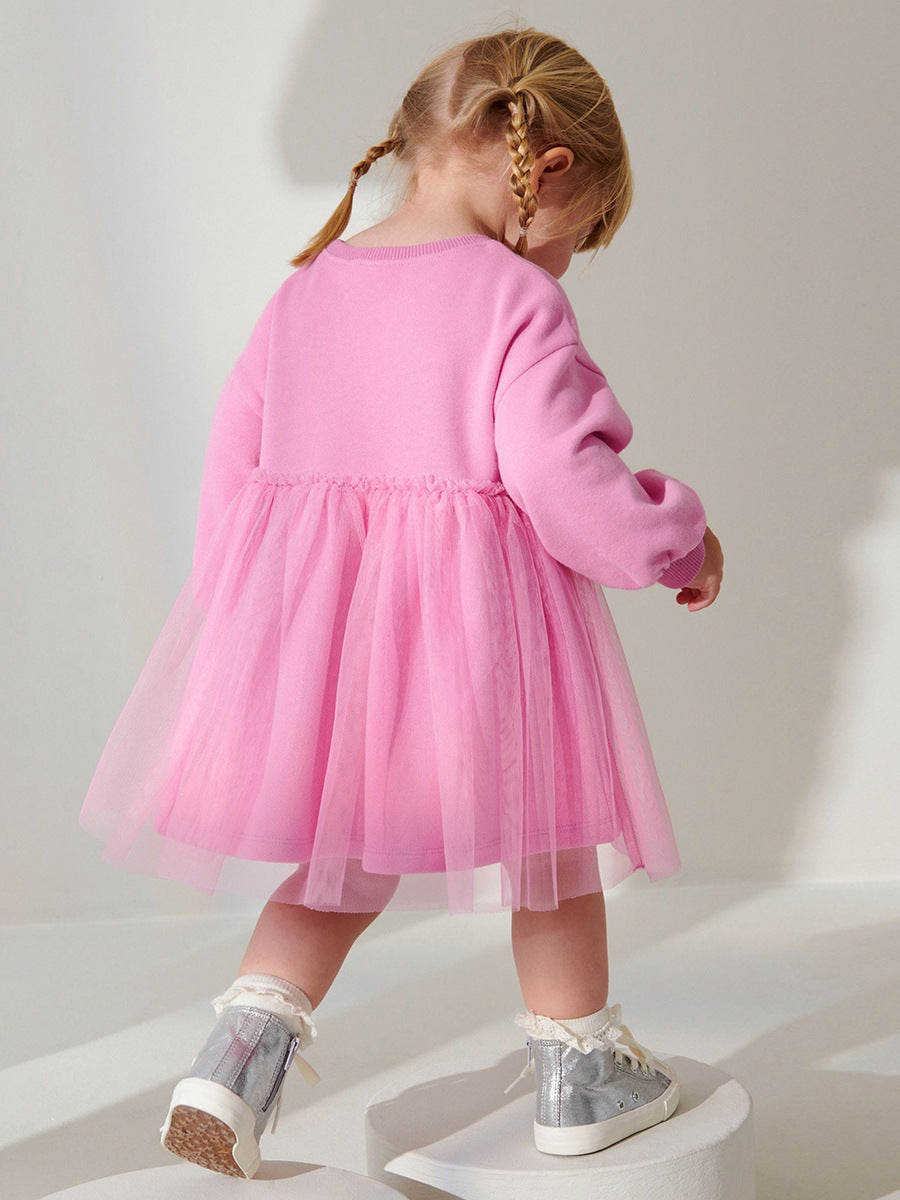 Arrival Autumn Girls Cartoon Rabbit Logo Crew Neck Long Sleeves Pink Tulle Patchwork Princess Dress-4