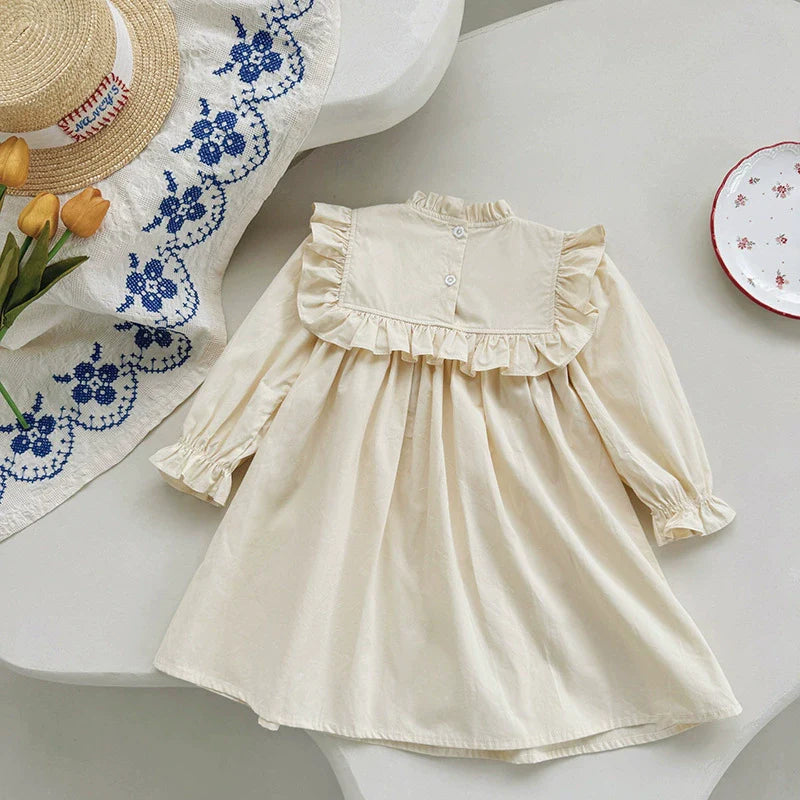 Arrival Autumn Girls Flowers Embroidery Pattern Long Sleeves Ruffle Neck Dress-1