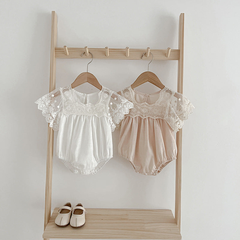 Arrival Summer Baby Kids Girls Embroidery Tulle Patchwork Short Sleeves Onesies-3