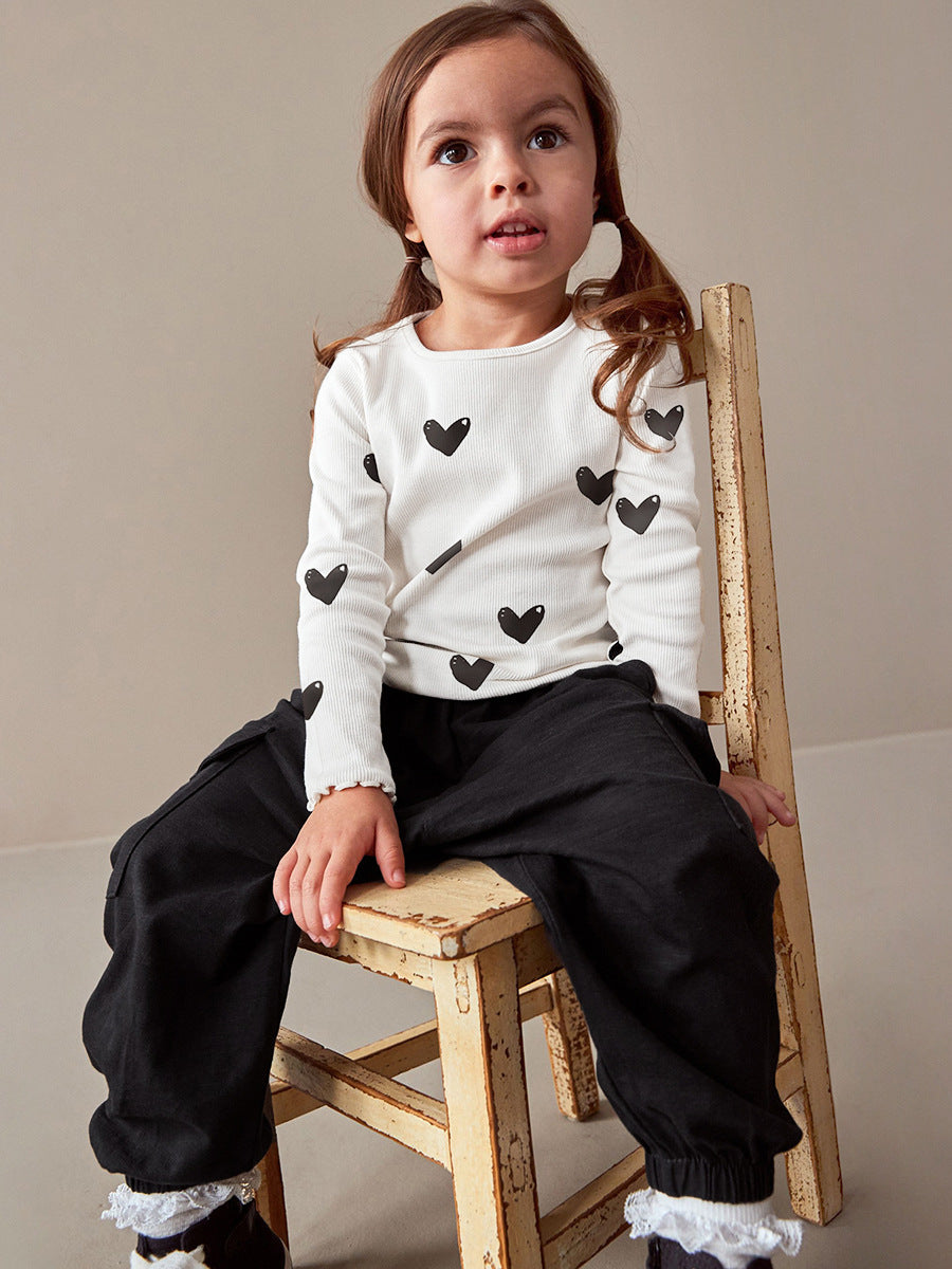 Arrival Spring And Autumn Girls Casual Black Heart Print Long Sleeves Top T-Shirt And Pants Clothing Set-4
