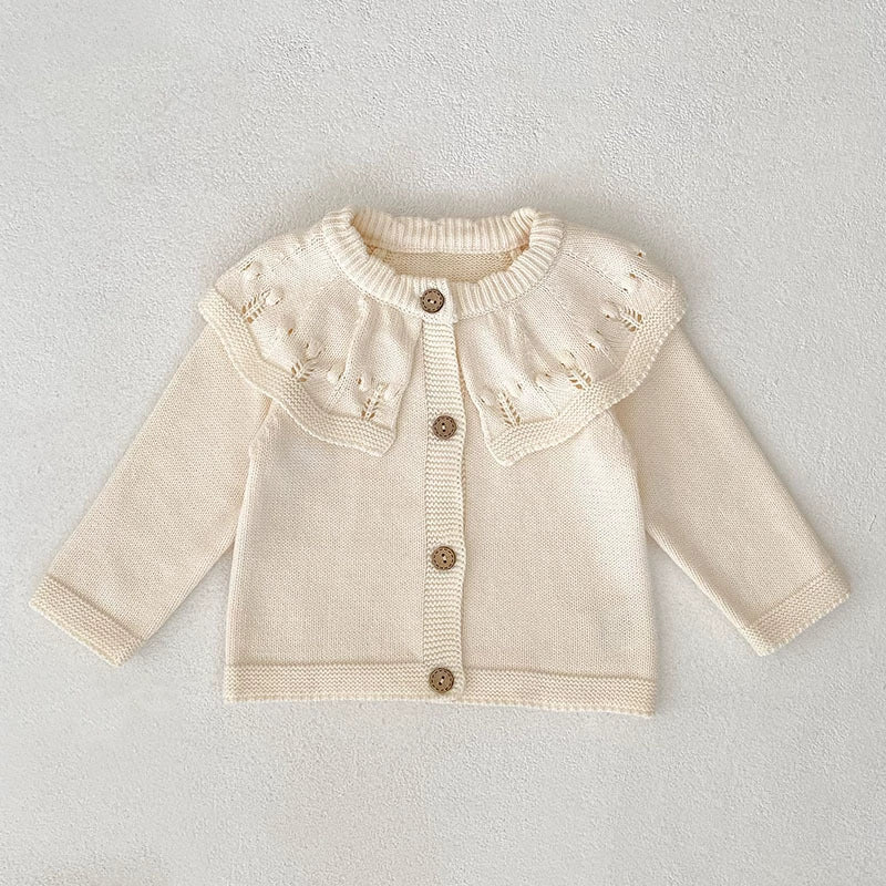 Autumn Arrival Baby Girls Comfortable Solid Color Knitted Long Sleeves Cardigan with Hollow-out Collar-1