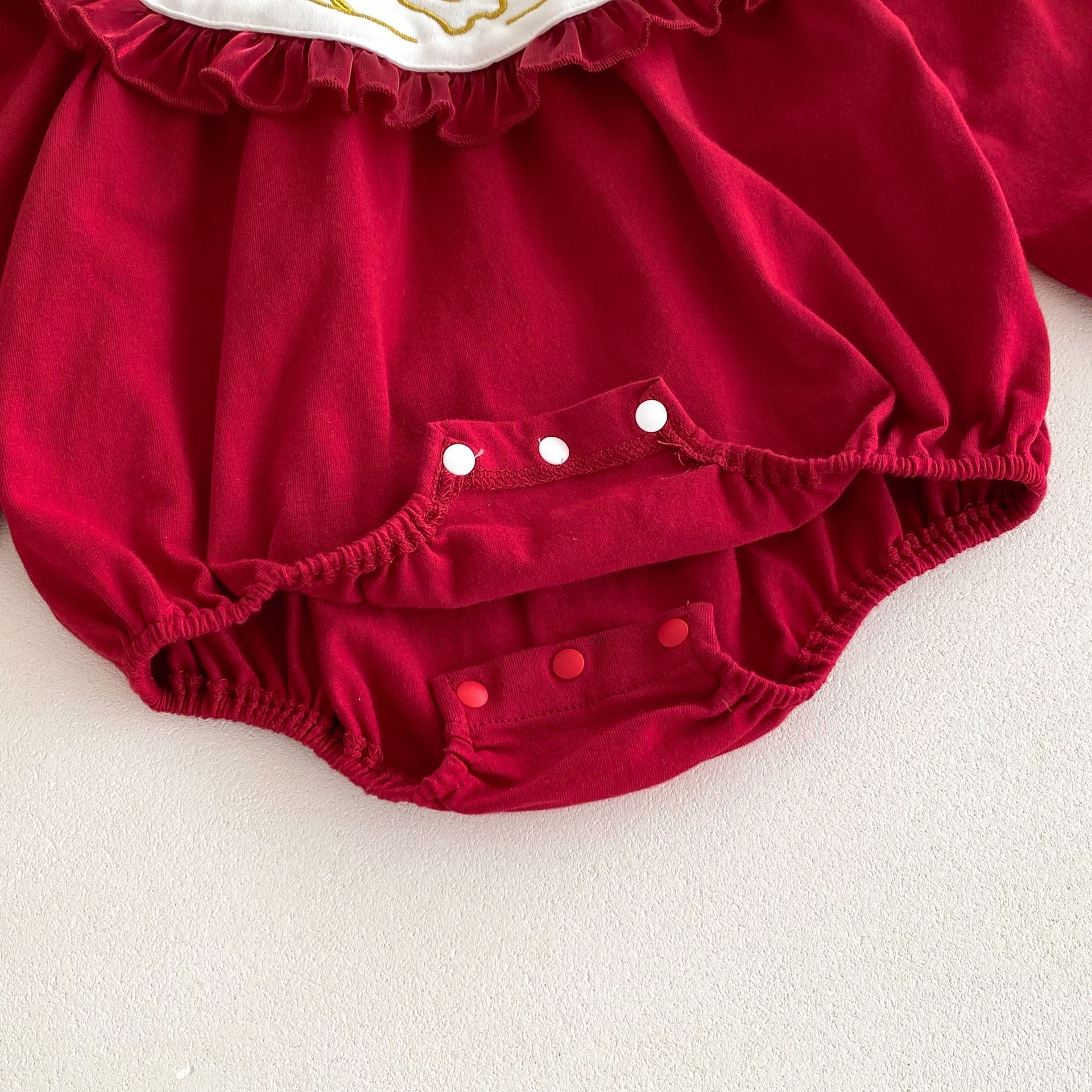Autumn Arrival Baby Girls Long Sleeves Rabbit Embroidery Collar Red Onesies-2