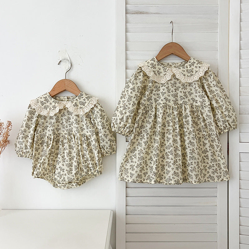 Arrival Spring Baby Kids Girls Long Sleeves Floral Print Onesies and Dress – Princess Sister Matching Set-3