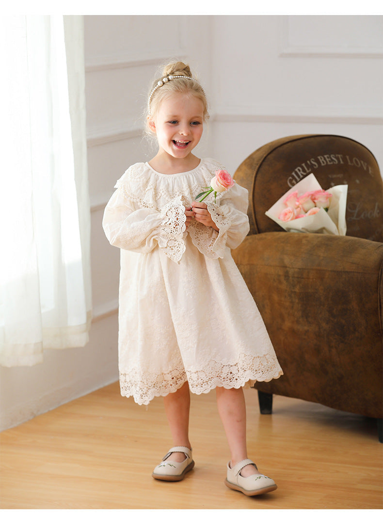 Arrival Lace Trim Design Autumn Girls Long Puff Sleeves Dress-2
