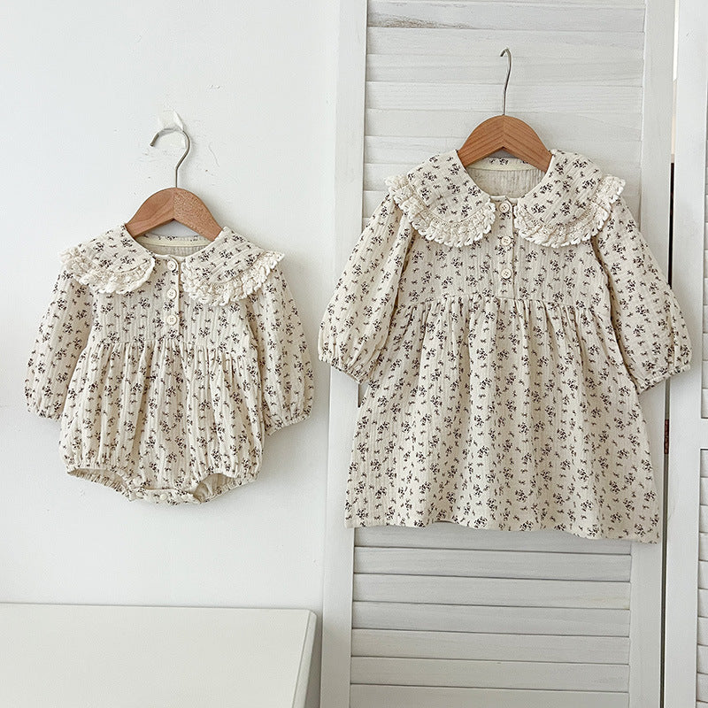 Arrival Spring Baby Kids Girls Long Sleeves Floral Print Onesies and Dress – Princess Sister Matching Set-2