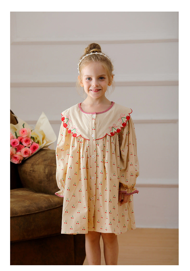 Arrival Autumn Girls Cherry Pattern Single Breasted Long Sleeves Dress with Embroidery Collar-1