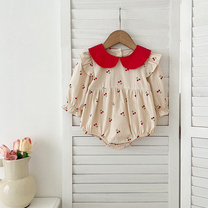 Arrival Autumn Baby Kids Girls Long Sleeves Cherry Pattern Peter Pan Collar Onesies and Dress – Princess Sister Matching Set-3