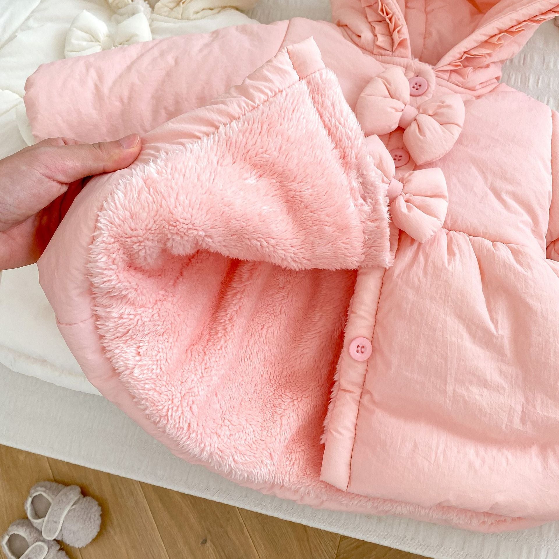 Arrival Baby Kids Girls Solid Color Single Breasted Hooded Thick Fleece-inside Coat-3