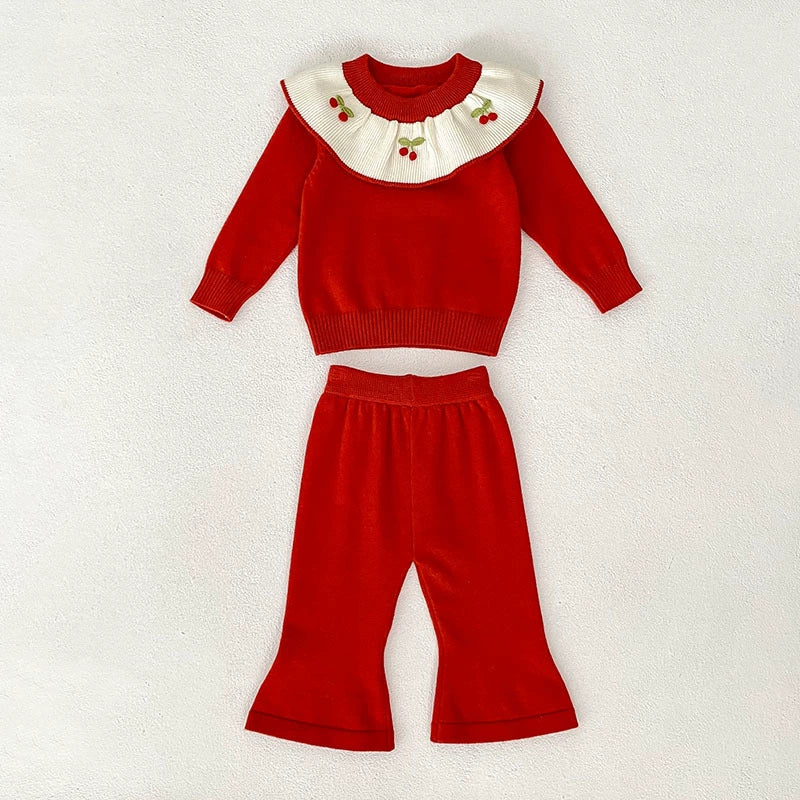 Arrival Autumn Baby Girls Long Sleeves Color Patchwork Cherry Embroidered Pattern Knitted Top Sweater and Long Trousers Clothing Set-3