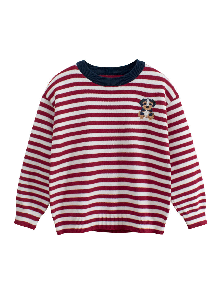 Arrival Baby Kids Puppy Logo and Striped Pattern Crew Neck Long Sleeves Knitted Top-3