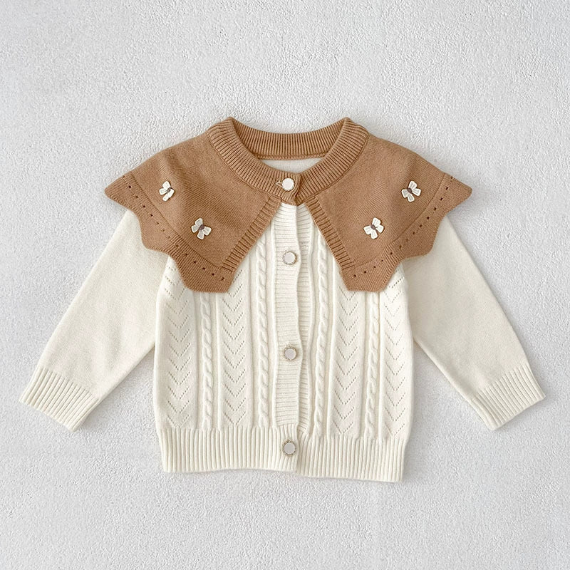 Autumn Arrival Baby Girls Comfortable Butterfly-bows Decorated Knitted Jacquard Long Sleeves Cardigan-1