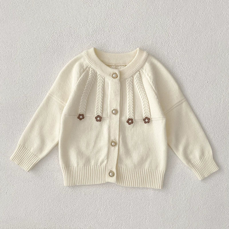 Autumn Arrival Baby Girls Comfortable Flowers Pattern Knitted Long Sleeves Cardigan-4