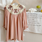 Arrival Autumn Girls Pink Long Sleeves Dress with Teddy Embroidery Collar-4