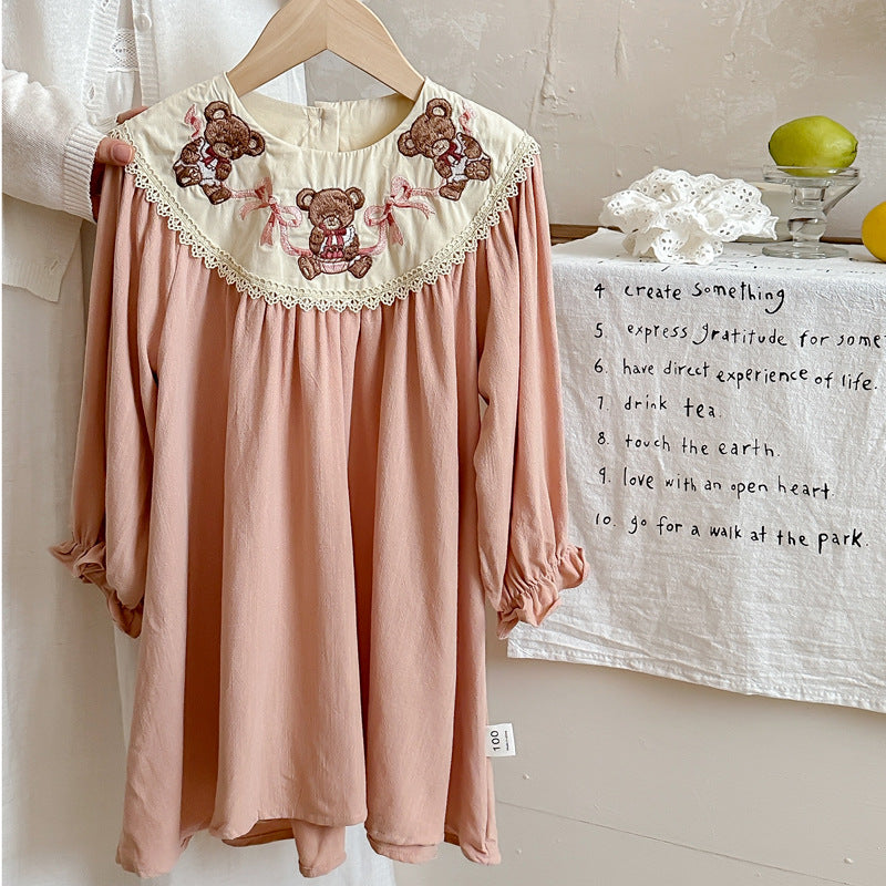 Arrival Autumn Girls Pink Long Sleeves Dress with Teddy Embroidery Collar-4
