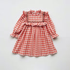 Arrival Autumn Girls Plaid Pattern Long Sleeves Ruffle Neck Dress-2