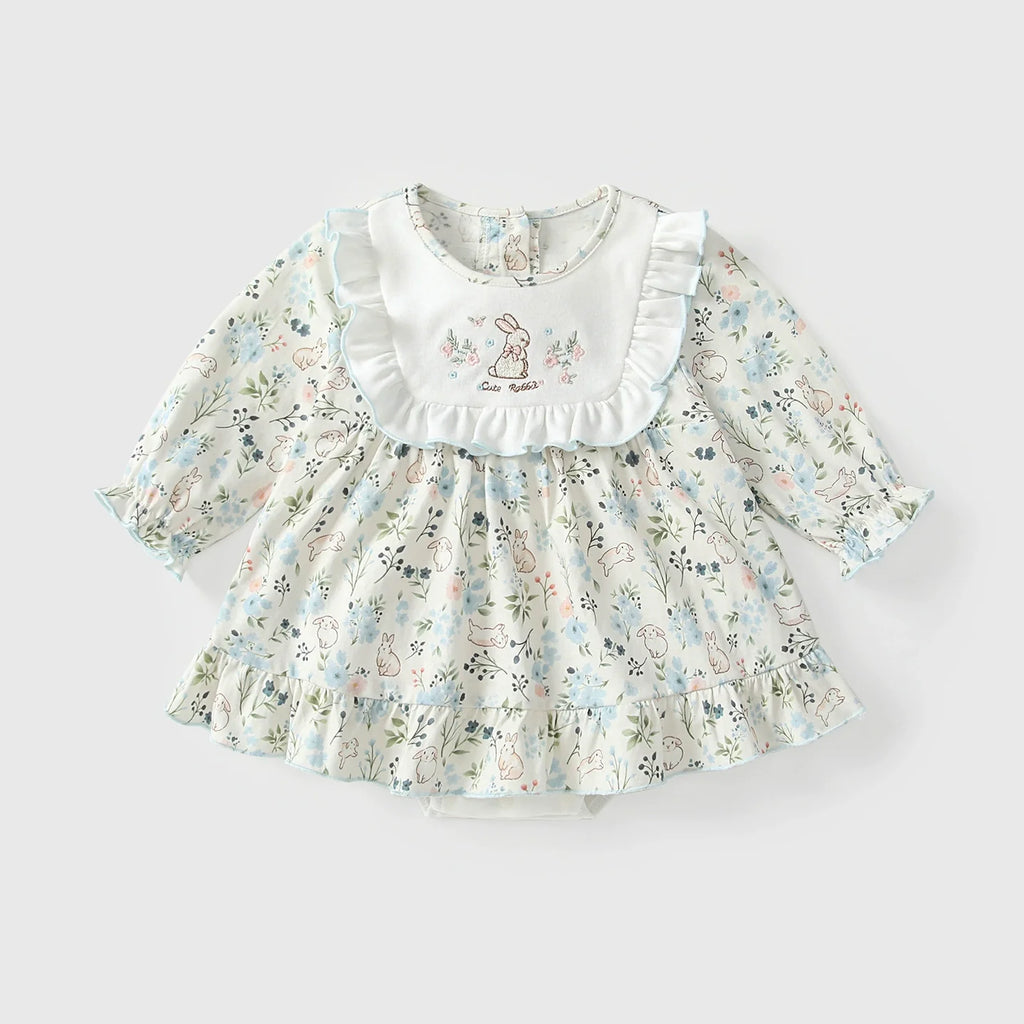 Arrival Autumn Baby Girls Floral Long Sleeves Rabbit Pattern Embroidered Dress-4