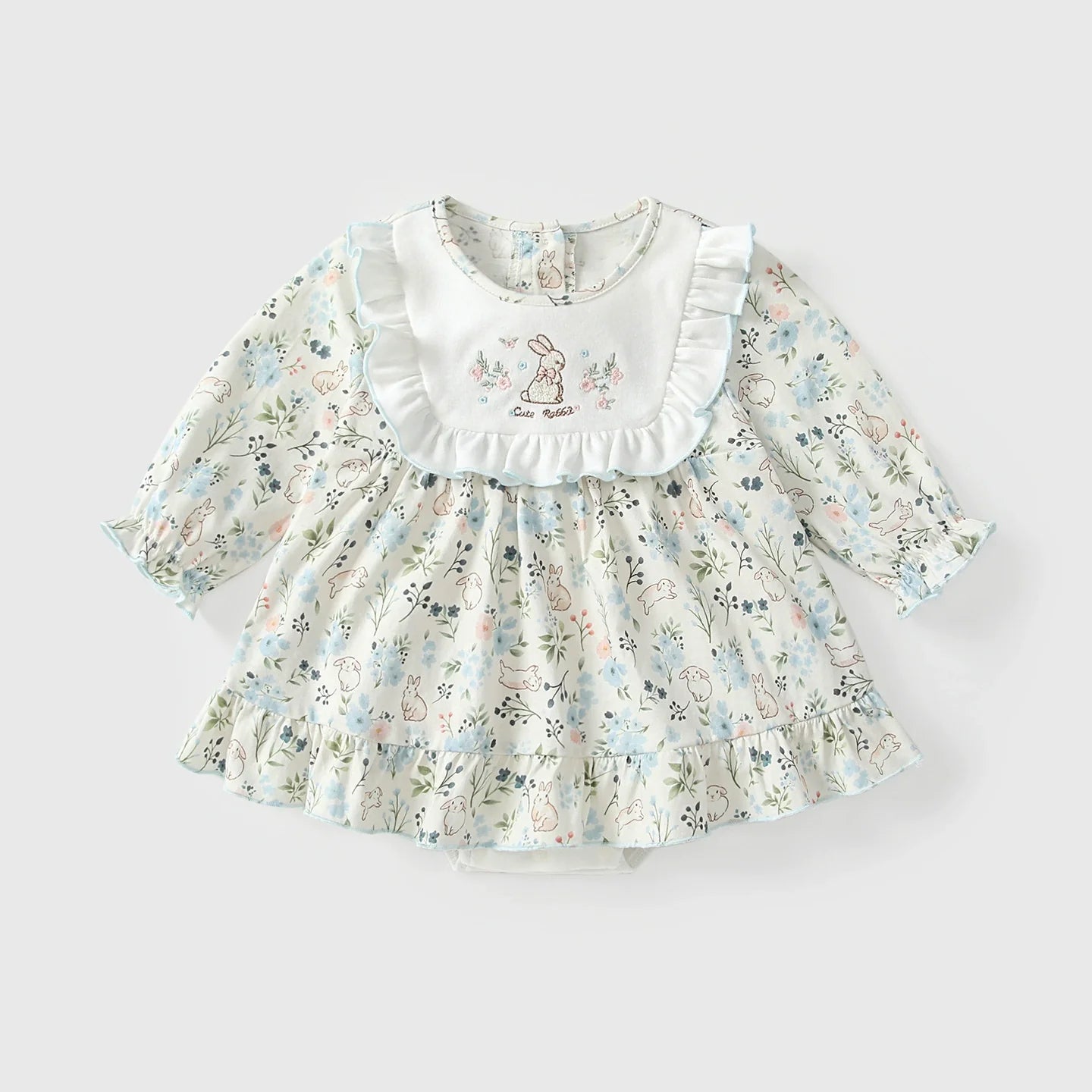 Arrival Autumn Baby Girls Floral Long Sleeves Rabbit Pattern Embroidered Dress-4